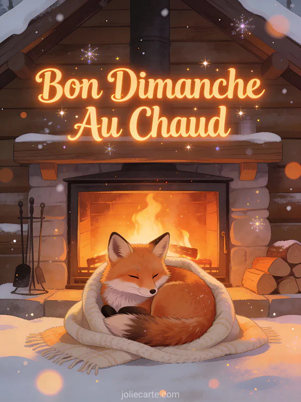Renard roux lové dans une couverture douce près d'une cheminée avec lumière chaude et le texte Bon Dimanche Au Chaud