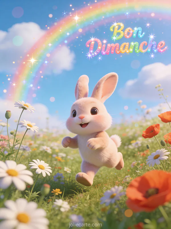 Lapin cartoon bondissant dans un champ de marguerites et coquelicots sous un ciel bleu avec le texte Bon Dimanche
