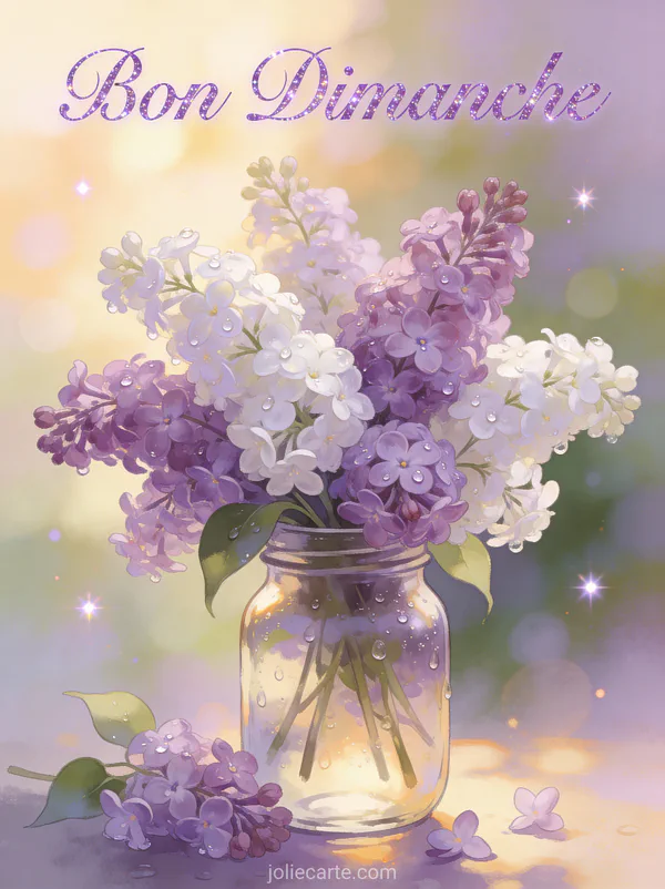 Bouquet de lilas violet et blanc dans un bocal vintage avec gouttes de rosée et le texte Bon Dimanche