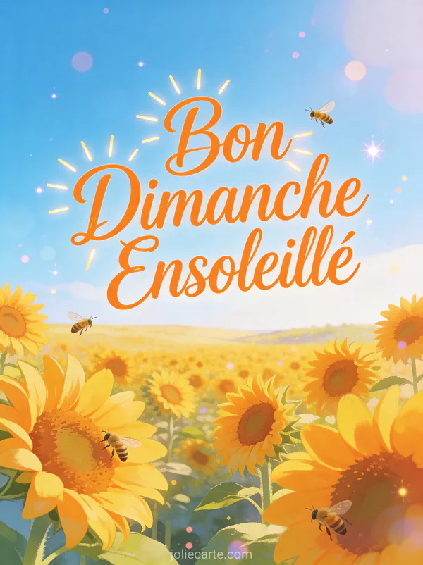Champ de tournesols sous un ciel bleu d'été avec abeilles butinant et le texte Bon Dimanche Ensoleillé