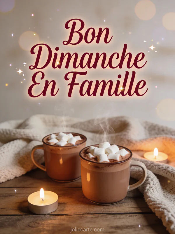 Tasses de chocolat chaud avec marshmallows sur table rustique avec bougies et couvertures avec le texte Bon Dimanche En Famille