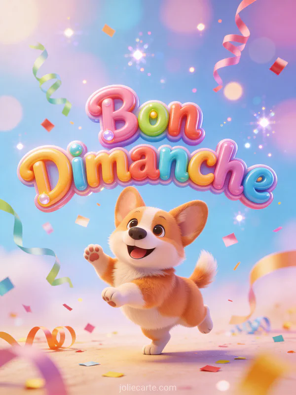 Corgi cartoon joyeux qui danse entouré de confettis et serpentins avec le texte Bon Dimanche