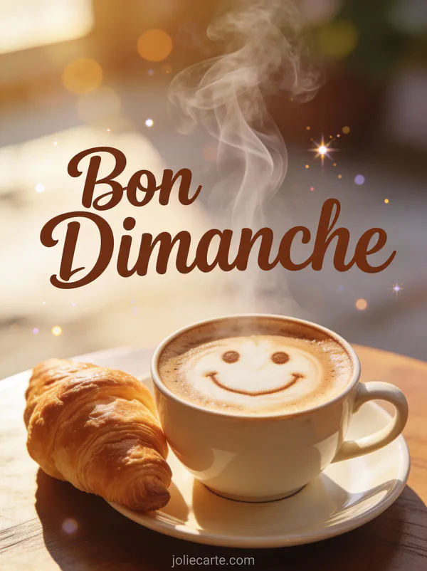 Cappuccino avec latte art sourire et croissant doré dans ambiance café matinale avec le texte Bon Dimanche