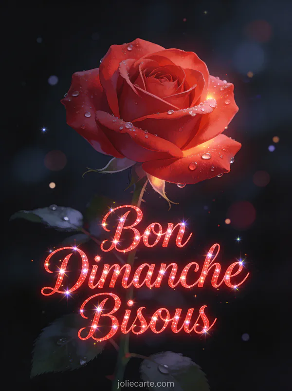 Rose rouge avec gouttes de rosée sur fond sombre avec le texte Bon Dimanche Bisous