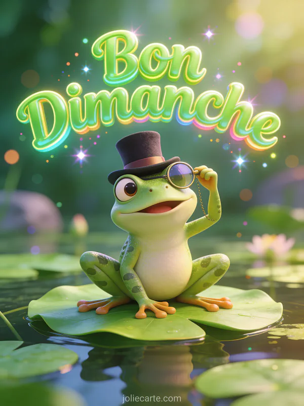 Grenouille cartoon avec haut-de-forme et monocle sur un nénuphar avec pose sophistiquée et le texte Bon Dimanche