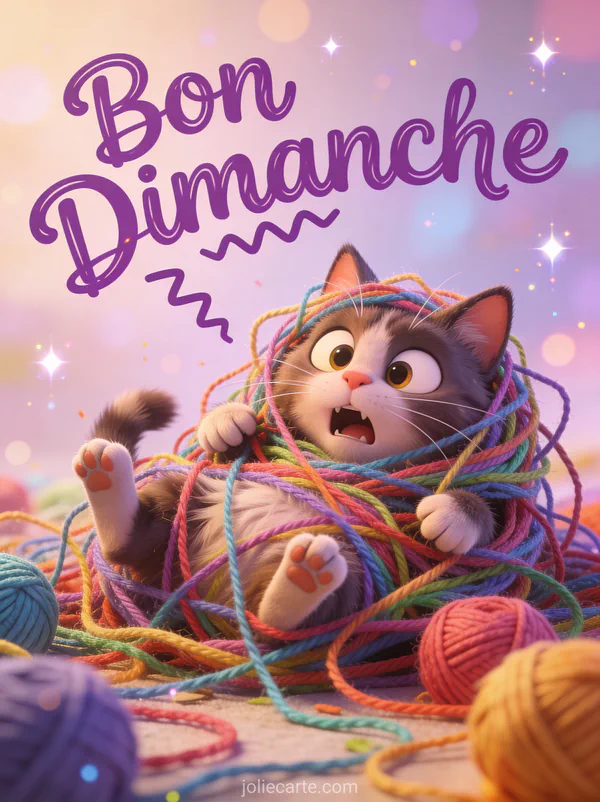 Chat cartoon aux yeux fous emmêlé dans des pelotes de laine colorées avec le texte Bon Dimanche