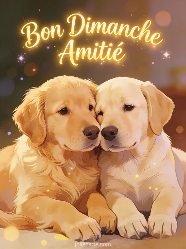 Chiot golden retriever et chiot labrador blottis ensemble avec le texte Bon Dimanche Amitié