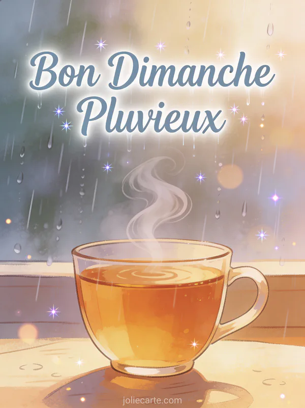 Tasse de thé fumante avec gouttes de pluie en arrière-plan et ambiance cosy avec le texte Bon Dimanche Pluvieux
