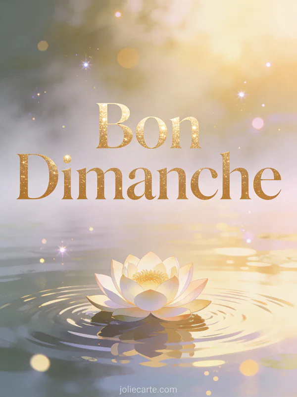 Fleur de lotus rose flottant sur une eau calme avec brume matinale et le texte Bon Dimanche