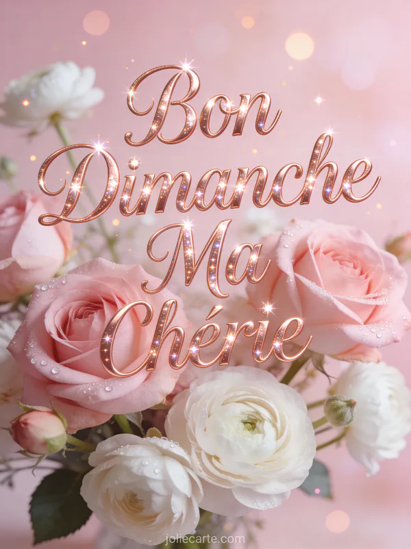 Bouquet de roses roses et renoncules blanches avec rosée sur fond rose tendre avec le texte Bon Dimanche Ma Chérie