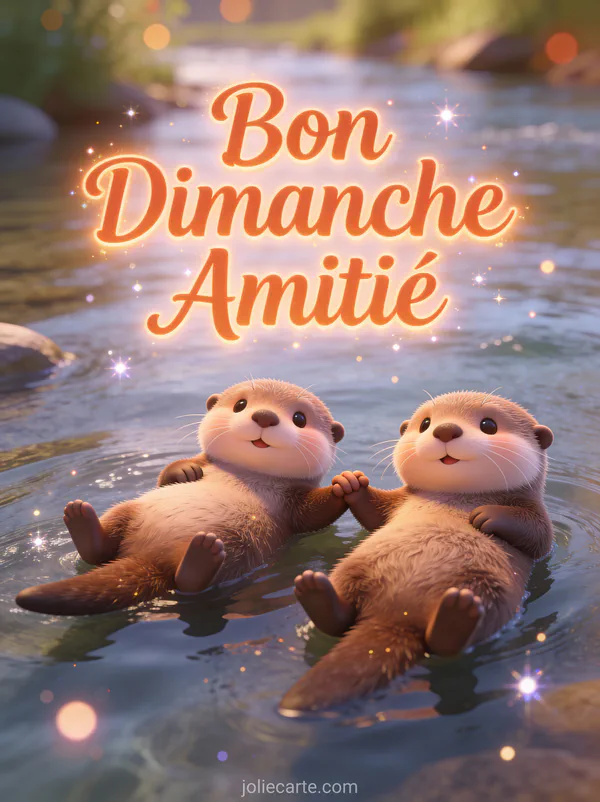 Deux loutres cartoon se tenant par la patte en flottant sur le dos avec le texte Bon Dimanche Amitié