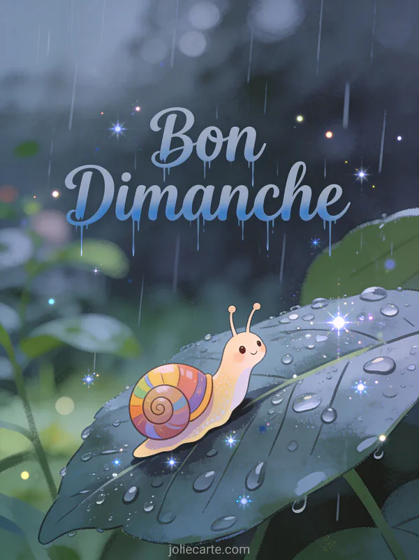 Escargot coloré sur une feuille mouillée avec gouttes de pluie scintillantes et le texte Bon Dimanche