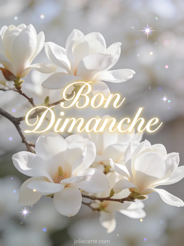 Magnolias blancs en fleurs dans une douce lumière matinale avec le texte Bon Dimanche