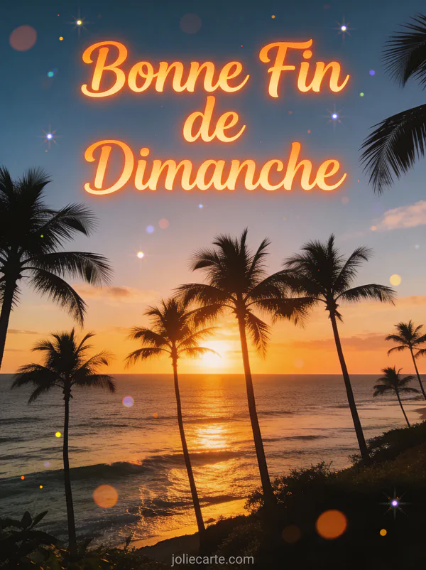 Coucher de soleil sur l'océan avec silhouettes de palmiers et ciel orange doré avec le texte Bonne Fin de Dimanche