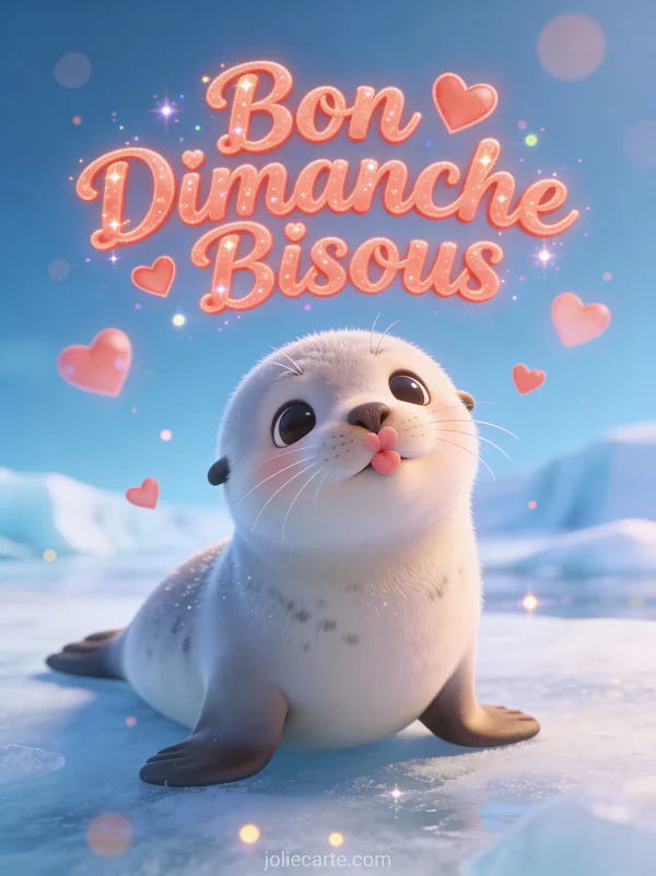 Bébé phoque cartoon mignon qui fait un bisou avec des cœurs flottants et le texte Bon Dimanche Bisous