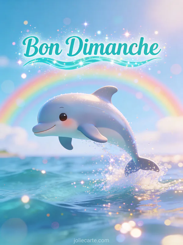 Dauphin cartoon bondissant hors de l'océan avec arc-en-ciel en arrière-plan et le texte Bon Dimanche