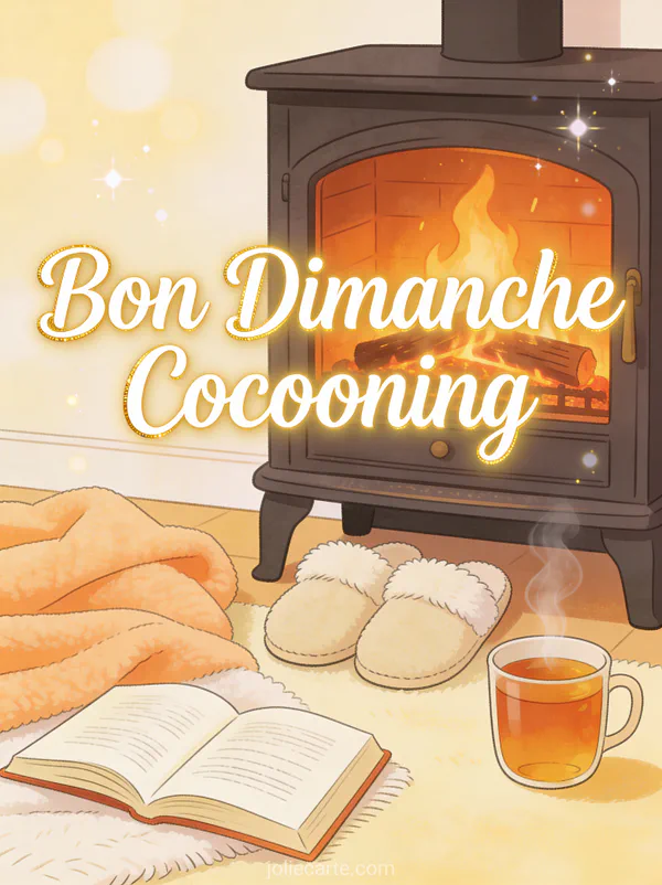 Chaussons douillets près d'une cheminée avec couverture livre et tasse de thé avec le texte Bon Dimanche Cocooning