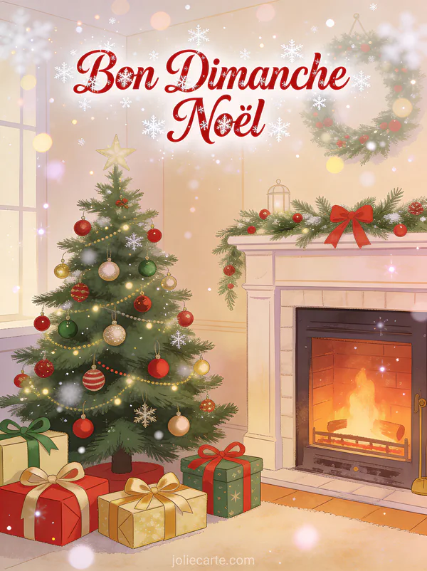 Scène de Noël avec sapin décoré cheminée et cadeaux emballés avec le texte Bon Dimanche Noël