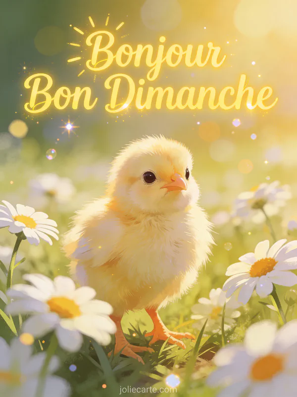 Poussin duveteux dans un champ de marguerites au matin printanier avec le texte Bonjour Bon Dimanche
