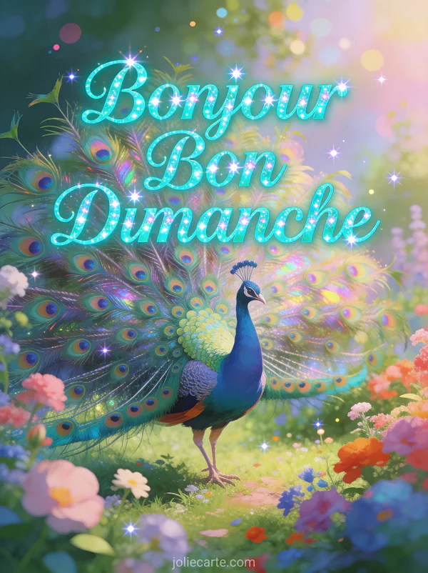 Paon déployant ses plumes irisées dans un jardin fleuri avec le texte Bonjour Bon Dimanche