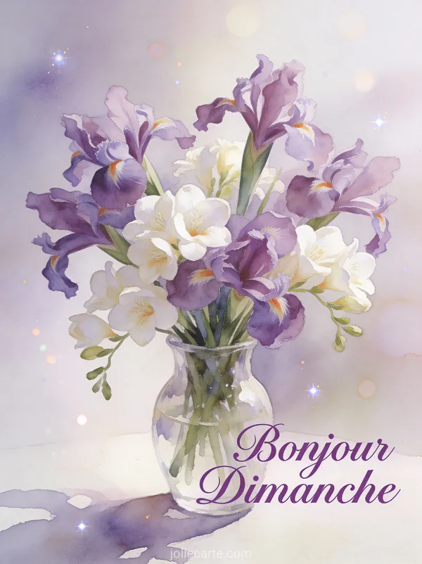 Bouquet d'iris violets et freesias blancs dans un vase en verre avec lumière naturelle et le texte Bonjour Dimanche