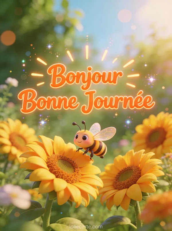 Abeille cartoon butinant parmi les tournesols jaunes dans un jardin d'été avec le texte Bonjour Bonne Journée