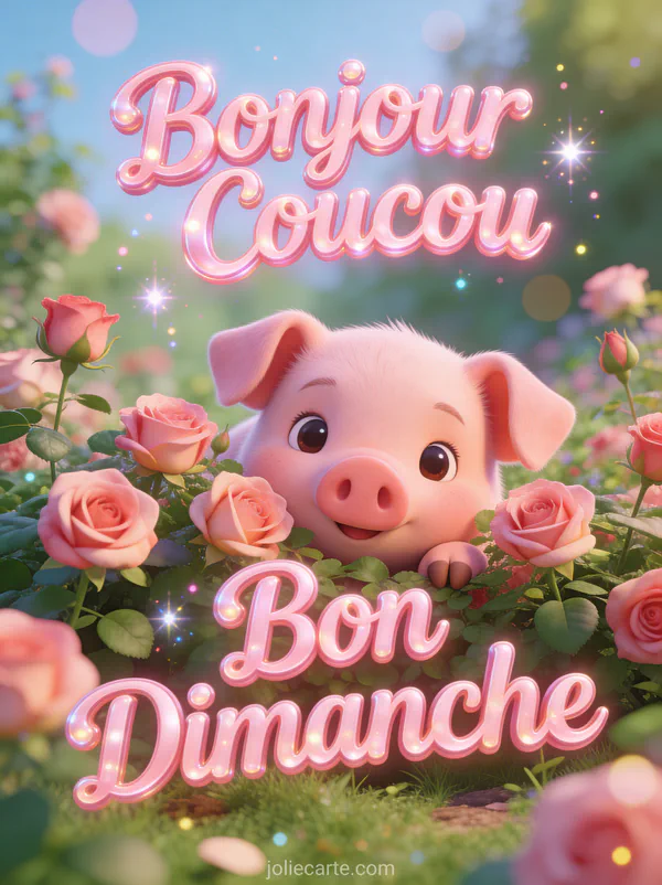 Porcelet cartoon mignon qui fait coucou derrière des roses dans un jardin avec le texte Coucou Bon Dimanche