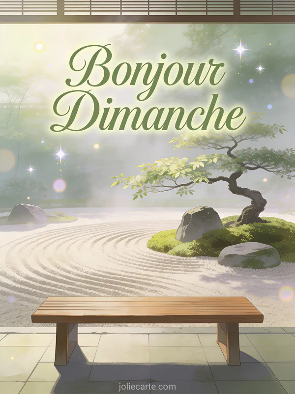 Jardin zen japonais avec bonsaï sable ratissé et pierres moussues dans la brume avec le texte Bonjour Dimanche
