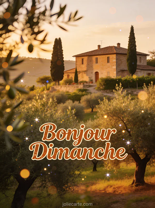 Paysage toscan avec oliviers cyprès et villa en pierre sous lumière dorée avec le texte Bonjour Dimanche