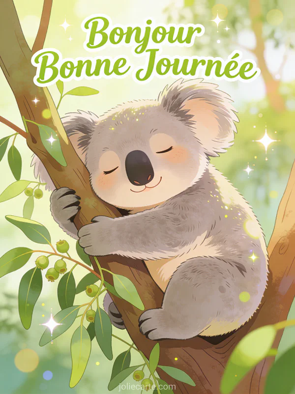 Koala souriant accroché à une branche d'eucalyptus dans le bush australien avec le texte Bonjour Bonne Journée