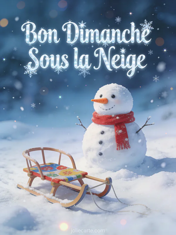 Bonhomme de neige avec écharpe et carotte sous les flocons avec une luge et le texte Bon Dimanche Sous la Neige