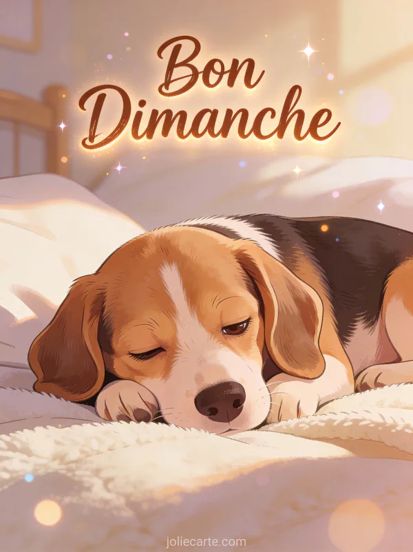 Chiot beagle aux longues oreilles couché sur un lit douillet avec regard endormi et le texte Bon Dimanche
