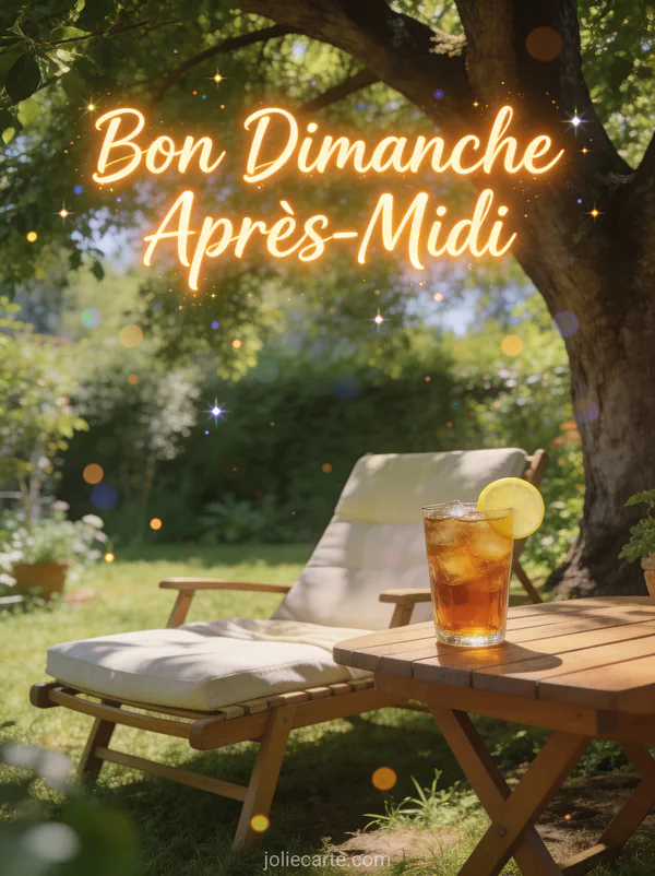 Jardin d'été avec fauteuil à l'ombre et thé glacé au citron avec le texte Bon Dimanche Après-Midi