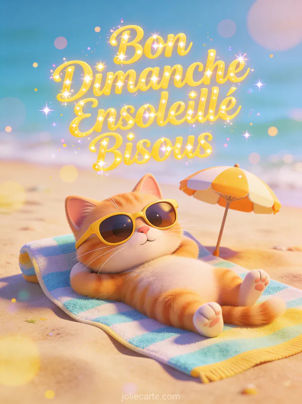 Chaton cartoon avec lunettes de soleil sur une serviette de plage avec parasol et le texte Bon Dimanche Ensoleillé Bisous