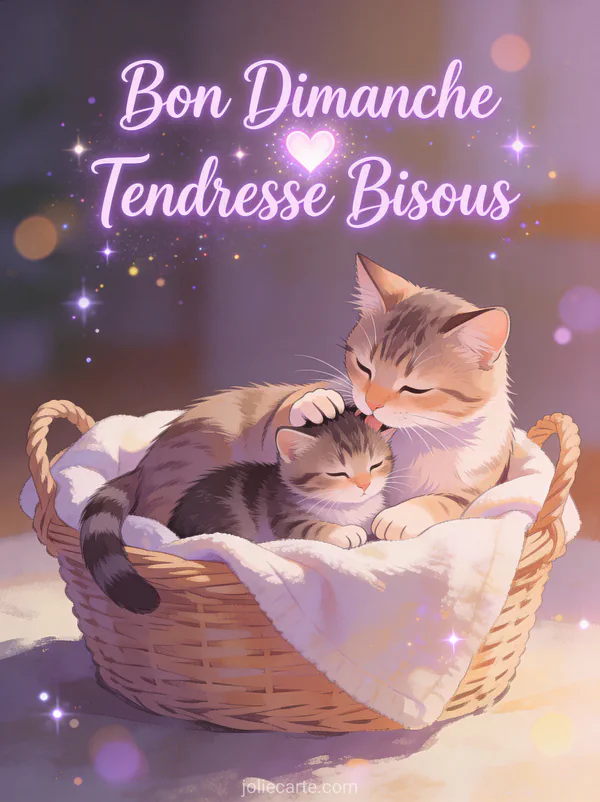 Maman chat qui fait la toilette à son chaton dans un panier douillet avec le texte Bon Dimanche Tendresse Bisous