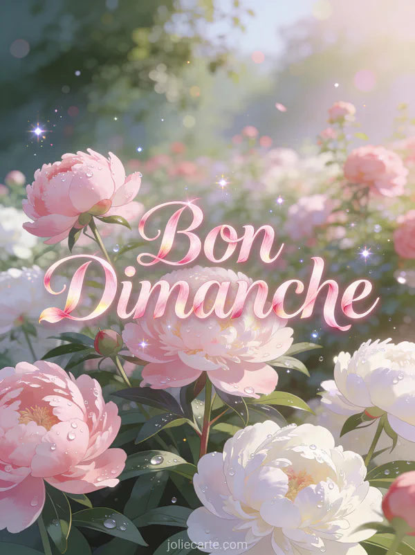 Jardin de pivoines roses et blanches en fleurs avec rosée matinale et le texte Bon Dimanche