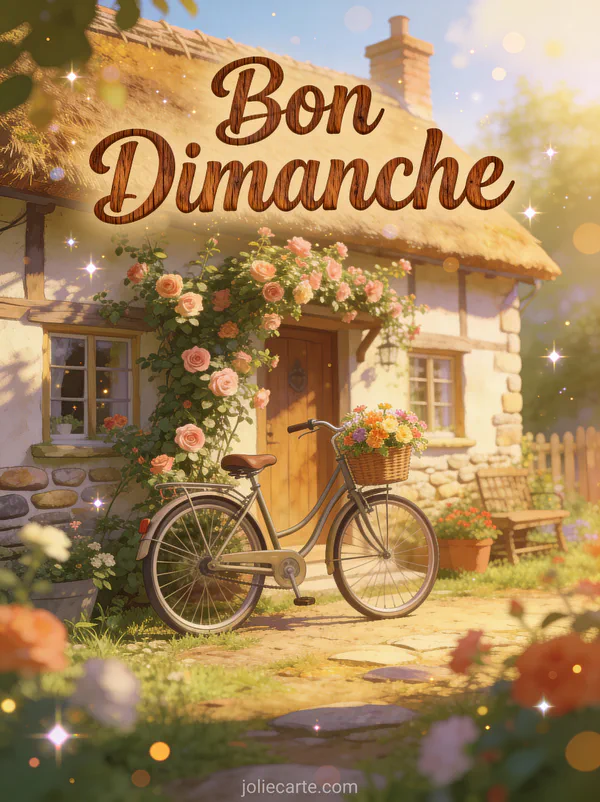 Vélo vintage avec panier de fleurs devant un cottage avec roses grimpantes et le texte Bon Dimanche