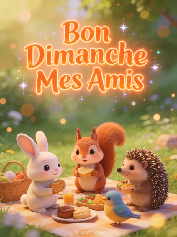 Lapin écureuil hérisson et oiseau cartoon en pique-nique ensemble avec le texte Bon Dimanche Mes Amis
