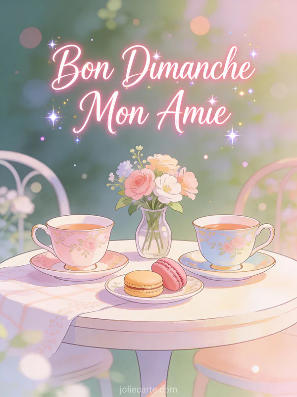 Service à thé élégant avec tasses et macarons et petit bouquet de fleurs avec le texte Bon Dimanche Mon Amie