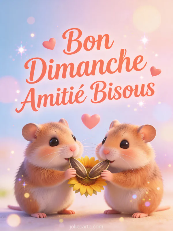 Deux hamsters cartoon qui partagent une graine de tournesol avec cœurs et le texte Bon Dimanche Amitié Bisous