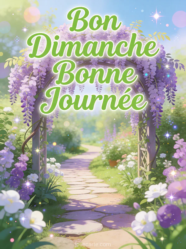 Allée de jardin sous une arche de glycine violette et blanche avec le texte Bon Dimanche Bonne Journée