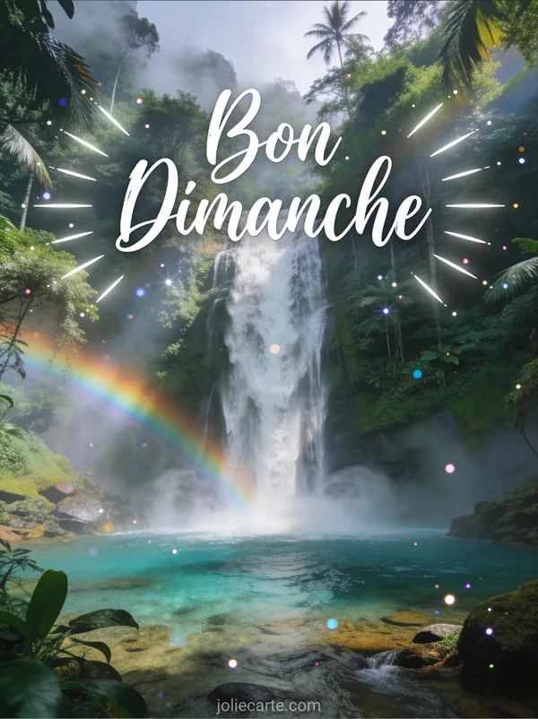 Cascade impressionnante dans une forêt tropicale avec arc-en-ciel et brume avec le texte Bon Dimanche