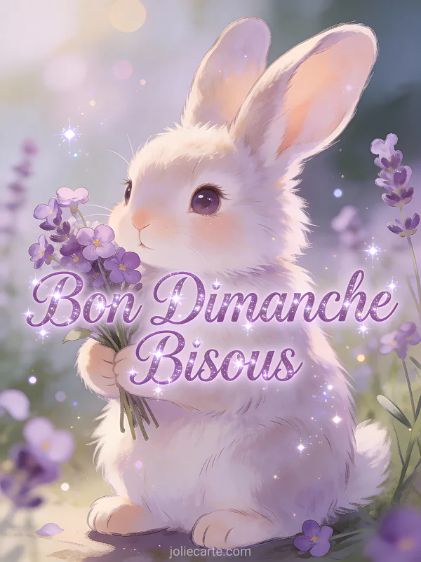 Lapin au pelage doux tenant un petit bouquet de violettes avec regard tendre et le texte Bon Dimanche Bisous