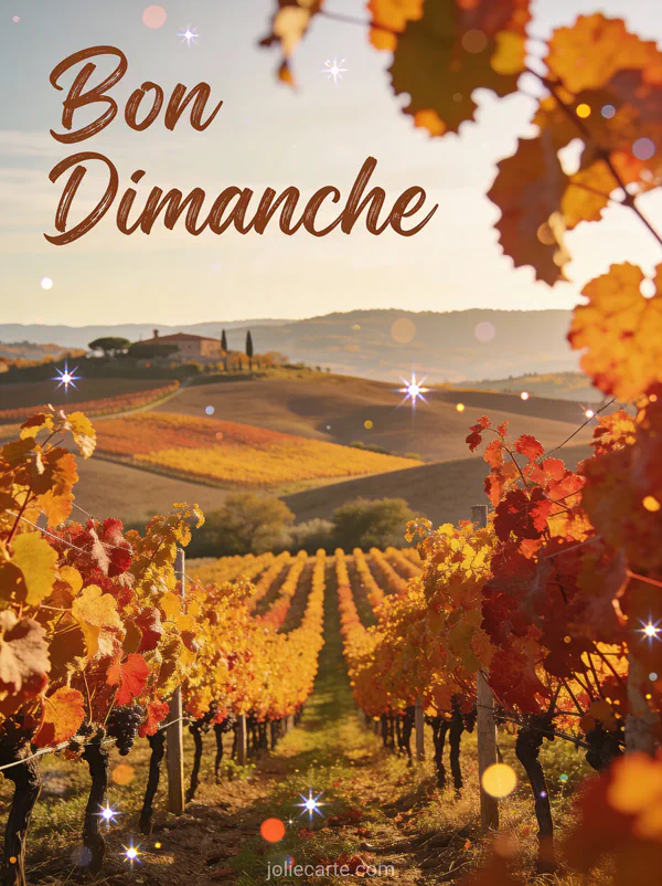 Vignoble automnal avec vignes dorées et rouges sur collines toscanes avec le texte Bon Dimanche