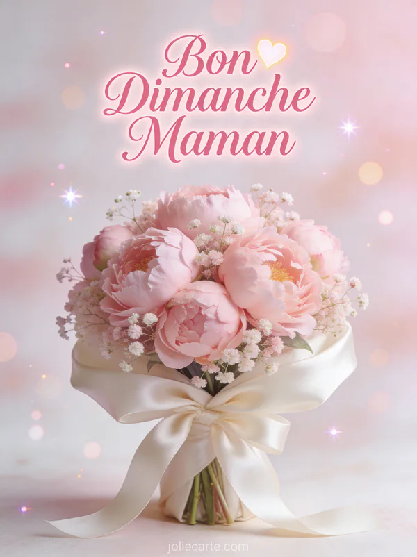 Bouquet de pivoines roses et gypsophile élégamment emballé avec le texte Bon Dimanche Maman