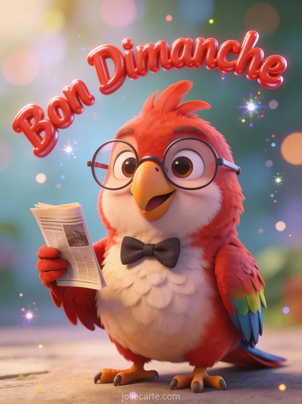 Perroquet cartoon avec lunettes et nœud papillon lisant un mini journal avec le texte Bon Dimanche