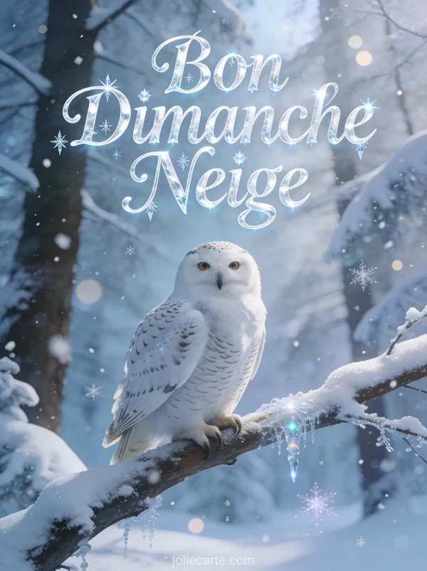 Harfang des neiges blanc perché sur une branche enneigée avec flocons qui tombent et le texte Bon Dimanche Neige