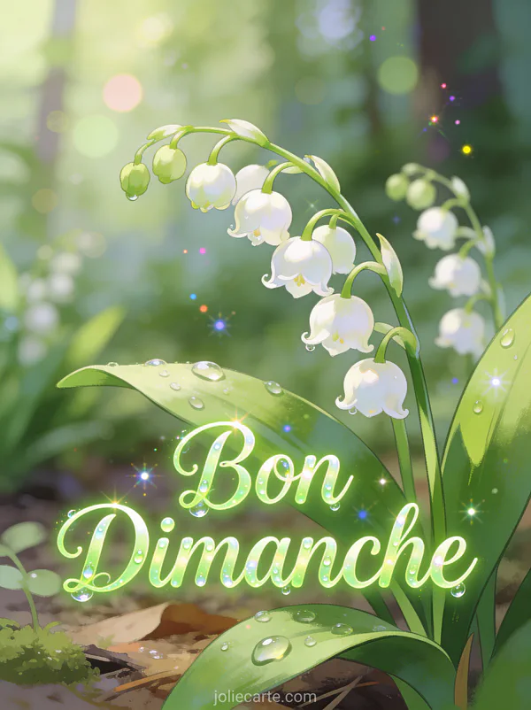 Muguet aux clochettes blanches couvert de rosée matinale en sous-bois avec le texte Bon Dimanche