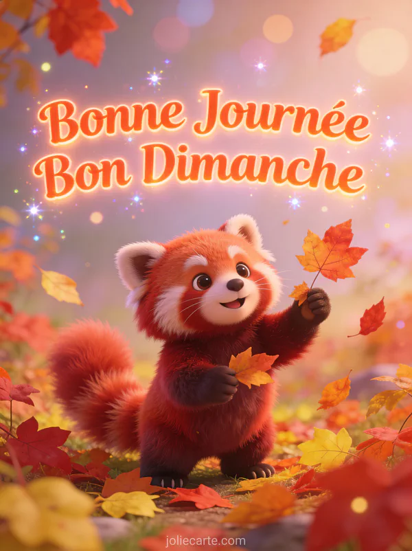 Panda roux jouant avec des feuilles d'automne colorées avec le texte Bonne Journée Bon Dimanche