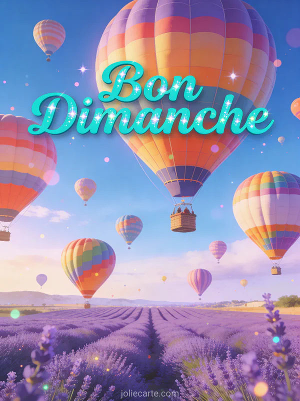 Montgolfières colorées survolant des champs de lavande sous un ciel bleu avec le texte Bon Dimanche